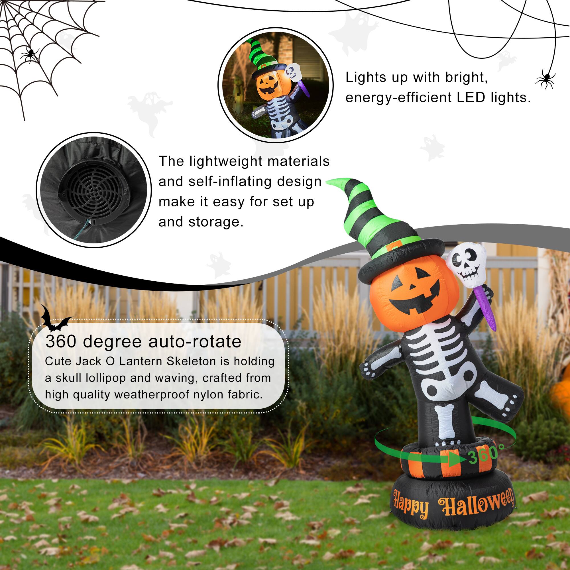 Glitzhome® 6ft. Lighted Halloween Jack-O'-Lantern Skeleton Rotating Inflatable Décor